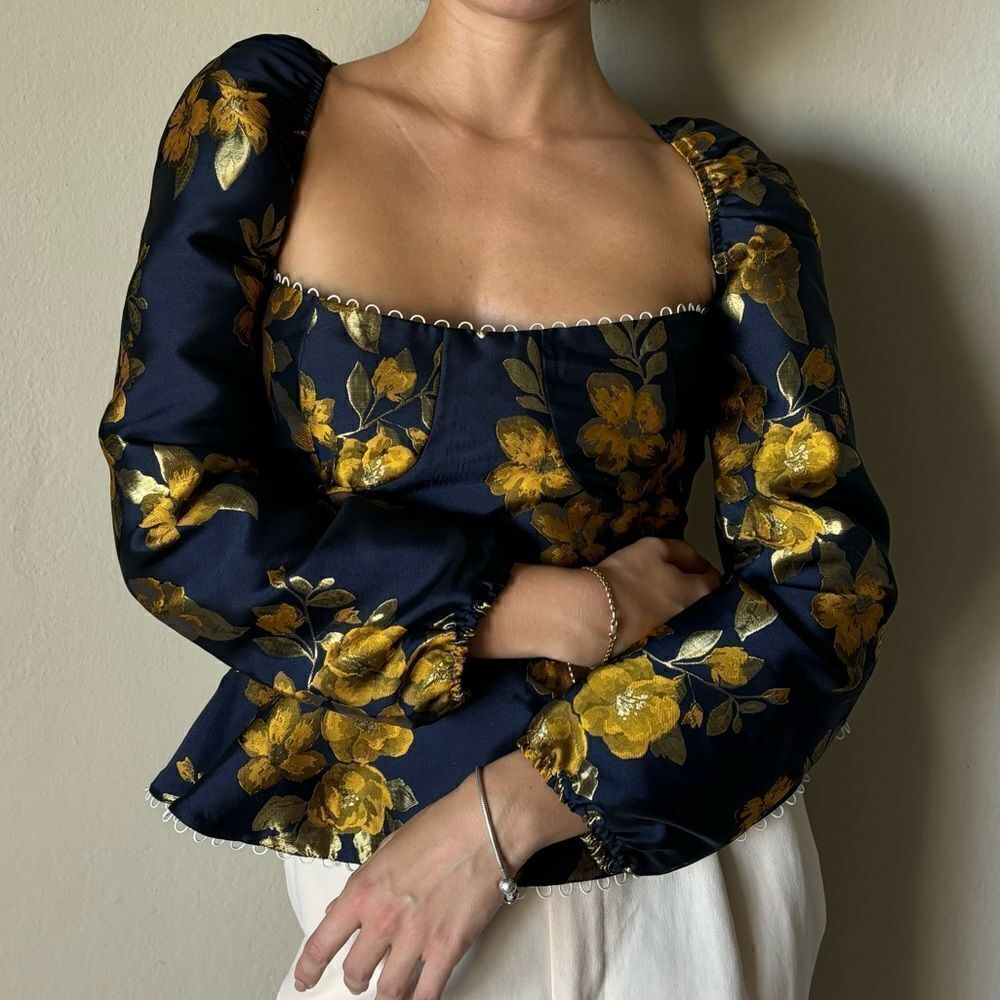 V Chapman Georgiana Baroque Blue Gold Blouse Floral Puff Sleeve Size 6